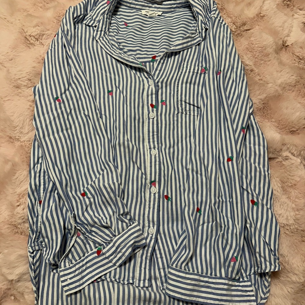 beachlunchlounge Blue and White Striped Shirt with Red and Pink Strawberries